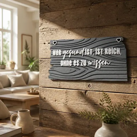 Rustikales Wandschild mit Gesundheitszitat – Wanddeko in Holzoptik – 3D Wandkunst – personalisierbar