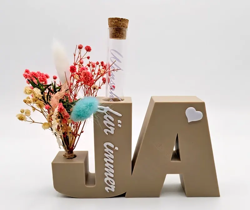 JA für immer / Hand in Hand Schriftzug - Wunscherfüller mit Reagenzglas & Trockenblumen – Herz und Hand