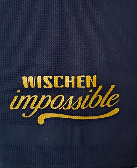 Geschirrtuch 'Wischen impossible' in Dunkelblau & Gold, Waffeloptik