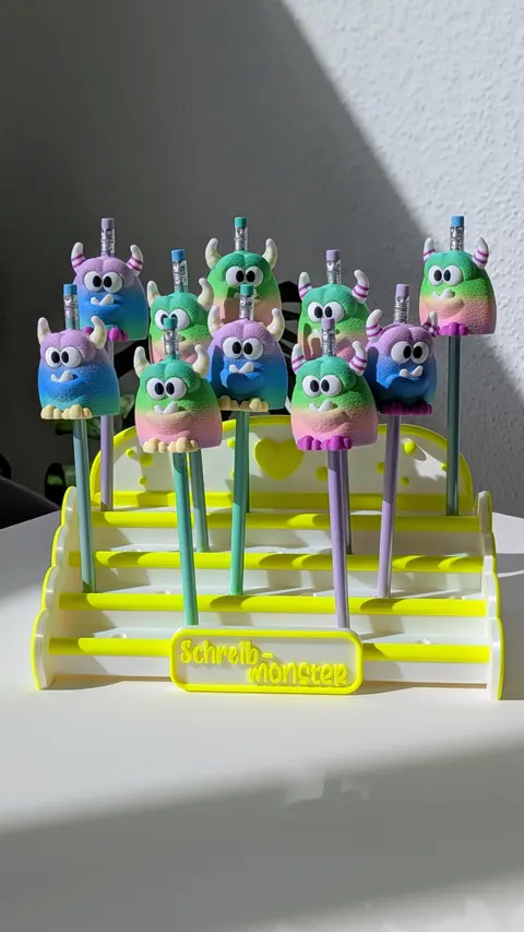 Schreibmonster | Bunte Stiftaufsätze inkl. Bleistift | Einschulung Geschenk | Monster Stift Topper | 3D Druck