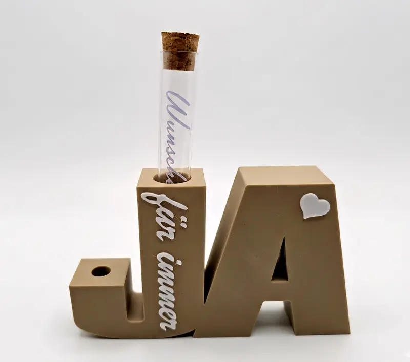 JA für immer / Hand in Hand Schriftzug - Wunscherfüller mit Reagenzglas & Trockenblumen – Herz und Hand