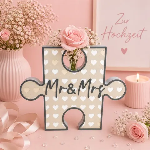 Dekoratives Puzzle-Schild Mr& Mrs mit Blumen - Hochzeitsdeko