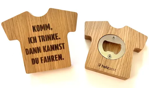 Holzpost Flaschenöffner T-Shirt Form 'Fahren' Eichenholz