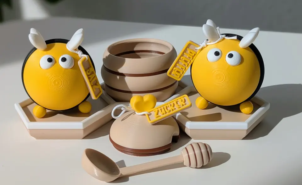 Gewürzstreuer Set Hummel Horstie & Honigtopf – 3D Druck Zuckerdose, Salz und Pfeffer Streuer, Waben Untersetzer – By Jana Kalbau