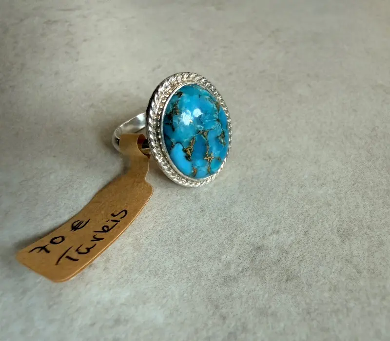 925er Silber Ring mit Türkis und Pyrite, gr. 15 – Lopez Lumbi Raymundo Jose