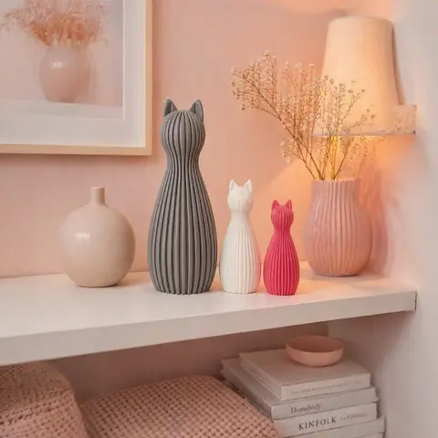 Katzen Deko Figuren Set – Moderne Wohnaccessoires in Grau, Weiß & Rot