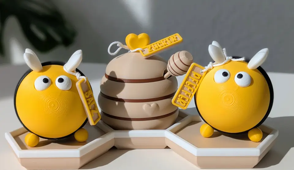 Gewürzstreuer Set Hummel Horstie & Honigtopf – 3D Druck Zuckerdose, Salz und Pfeffer Streuer, Waben Untersetzer – By Jana Kalbau